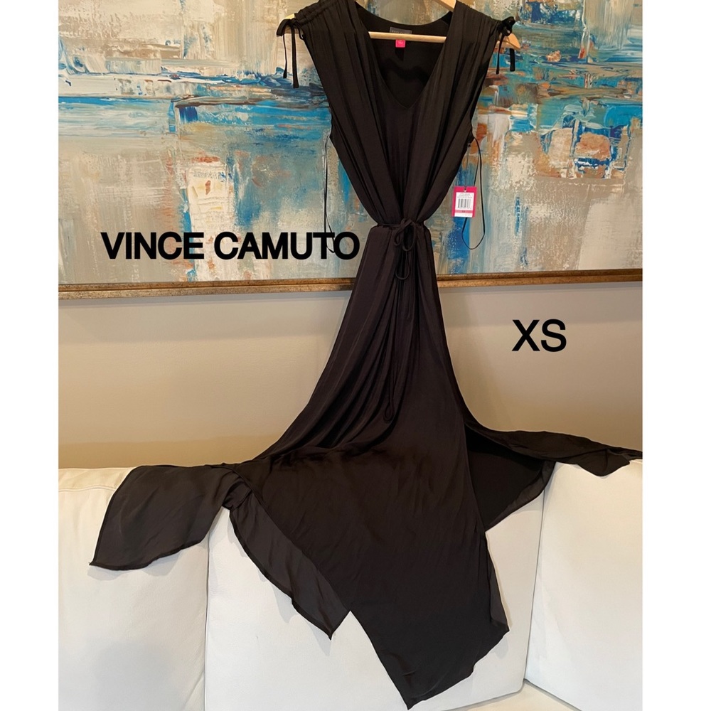NWT XS VINCE CAMUTO shark bite hem shoulder tie floaty oasis rich black midimaxi